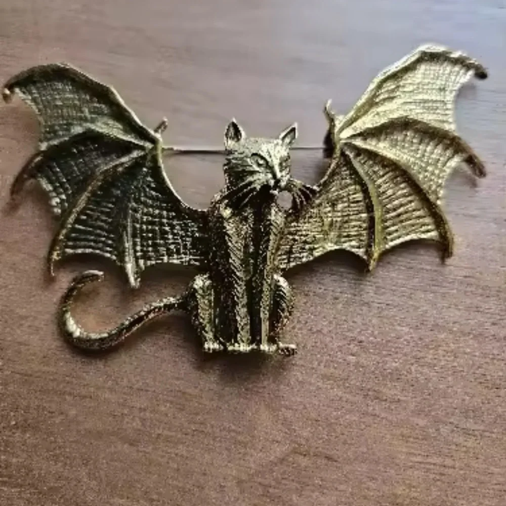 Gothic Bat Cat Brass Brooch